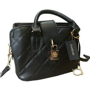 Bebe Black Purse Kellen Small Satchel Gold Accents 4 Pockets Compact